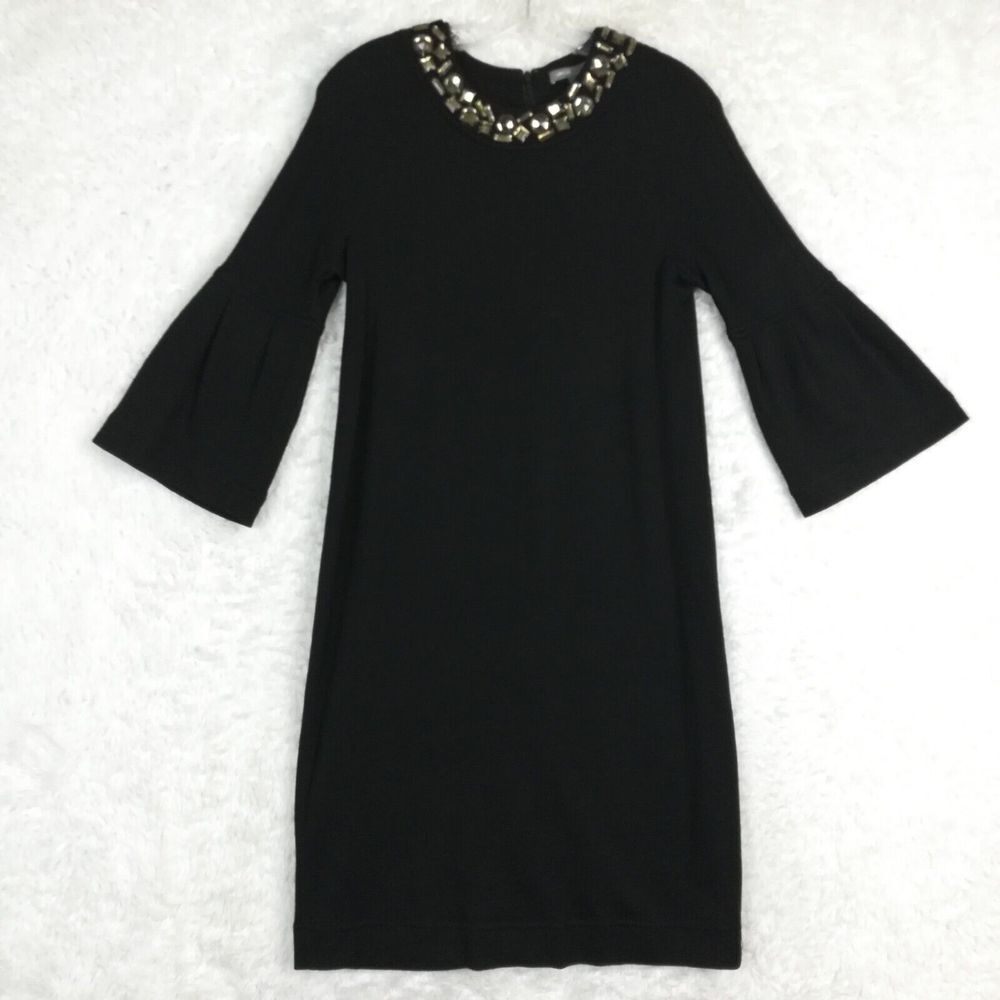 Vince Womens Dress Shift Wool Bell‎ Sleeve Black Chunky Jewel Gold Knee Length M